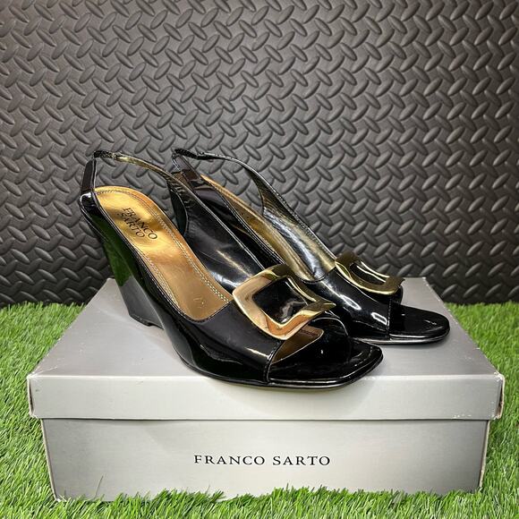 Franco Sarto Shoes - Franco Sarto black wedge Gold Buckle open Toe Heels Womans Size 10